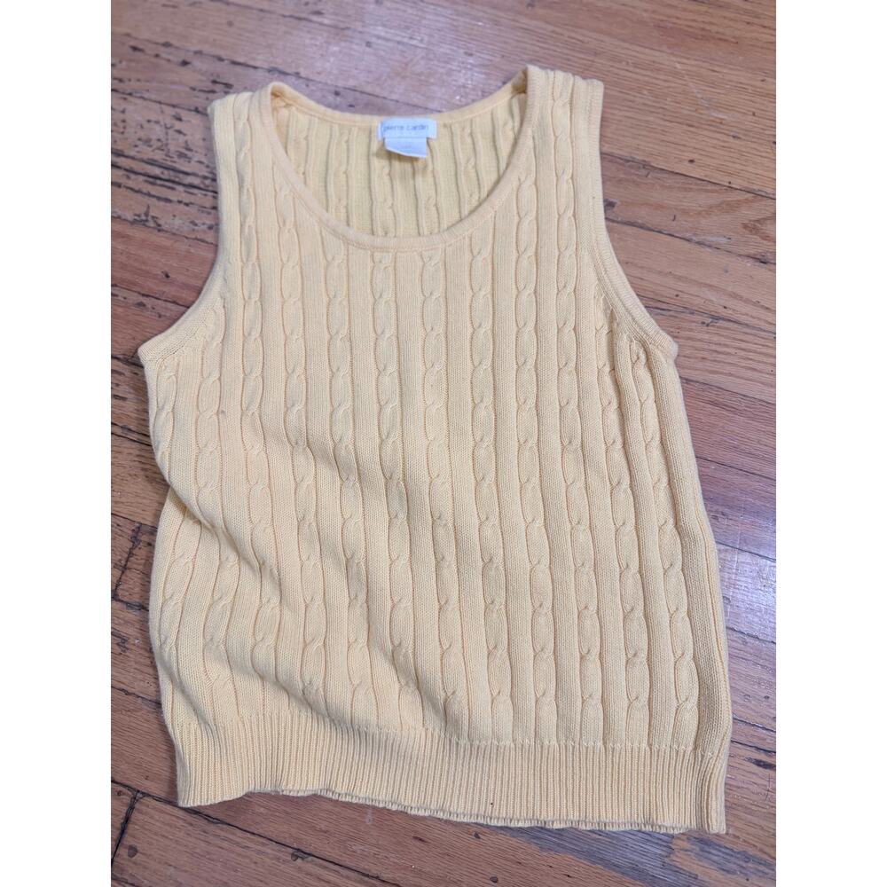 Vintage Pierre Cardin Cable Knit Sweater Vest Tank Pale Yellow Cotton Large